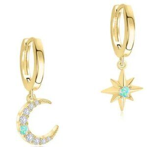 Celestial Moon Star Huggie Gold Opal & Cubic Zirconia Dainty gold charm Huggies